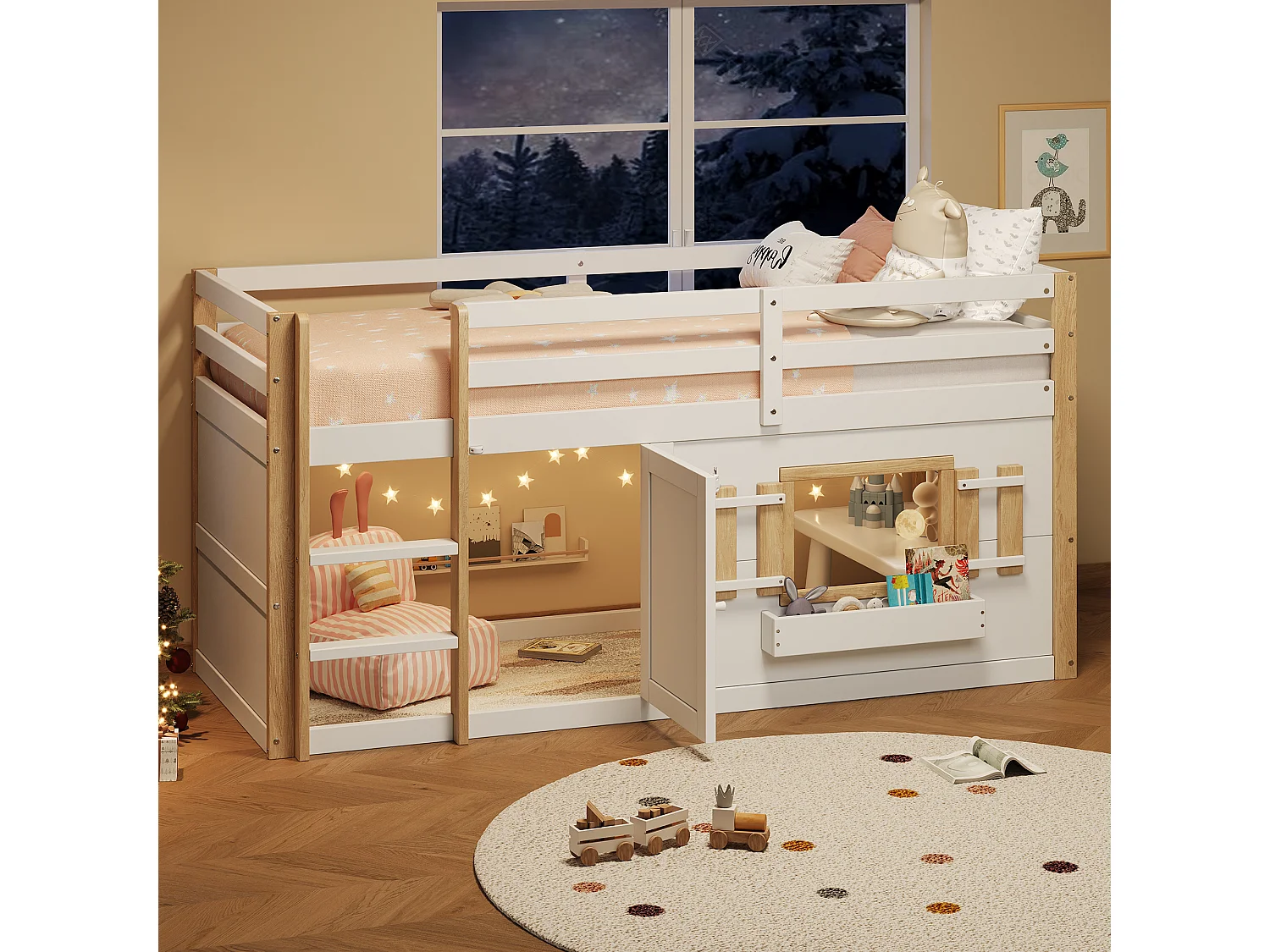 Beliche infantil - 2 x 90 x 200 cm - com escada + área de recreação - madeira - branco