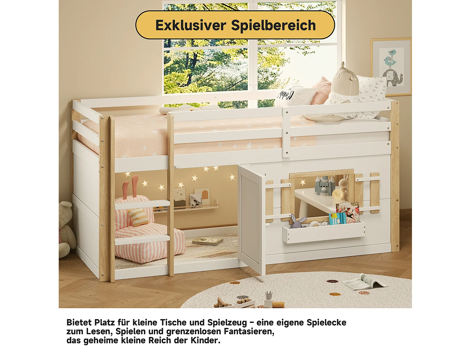 Beliche infantil - 2 x 90 x 200 cm - com escada + área de recreação - madeira - branco