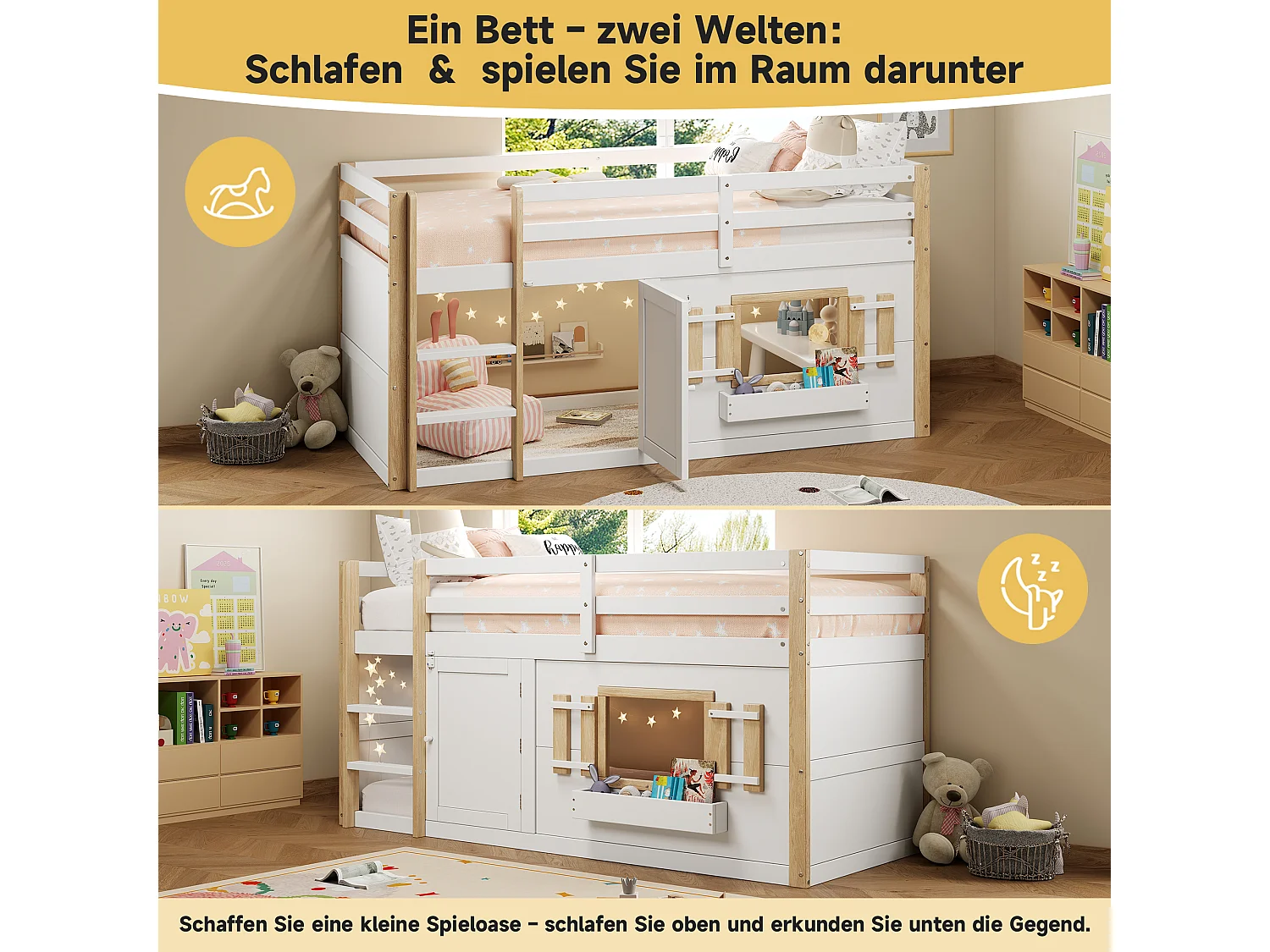 Beliche infantil - 2 x 90 x 200 cm - com escada + área de recreação - madeira - branco