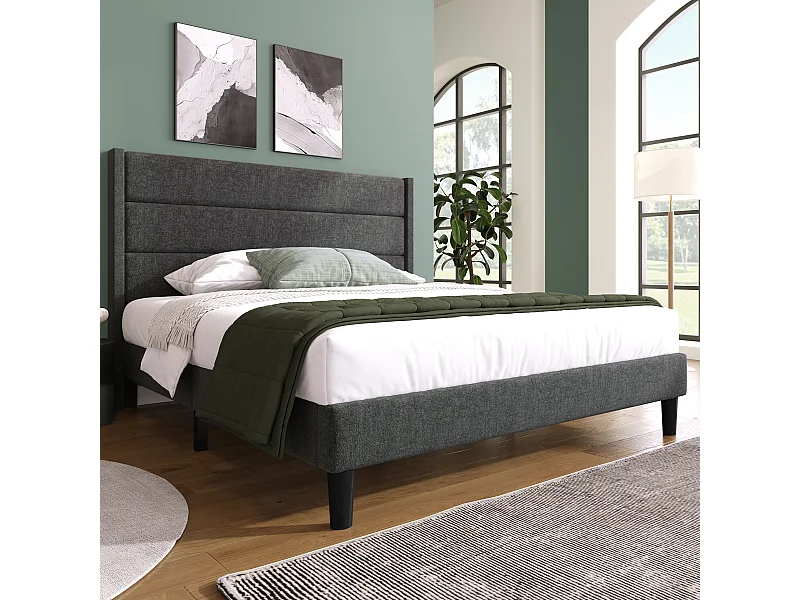 Lit rembourré 140 x 200 cm, cadre de lit avec sommier à lattes et tête de lit, tissu en lin gris foncé, design moderne intemporel