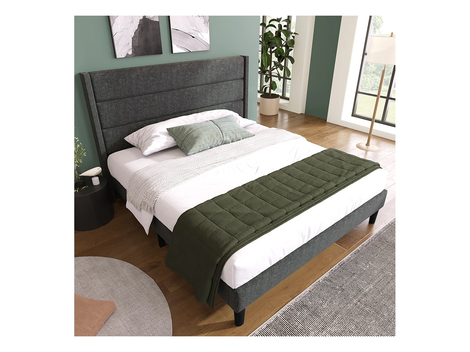 Lit rembourré 140 x 200 cm, cadre de lit avec sommier à lattes et tête de lit, tissu en lin gris foncé, design moderne intemporel