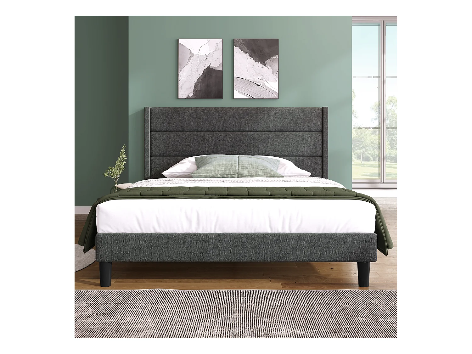 Lit rembourré 140 x 200 cm, cadre de lit avec sommier à lattes et tête de lit, tissu en lin gris foncé, design moderne intemporel