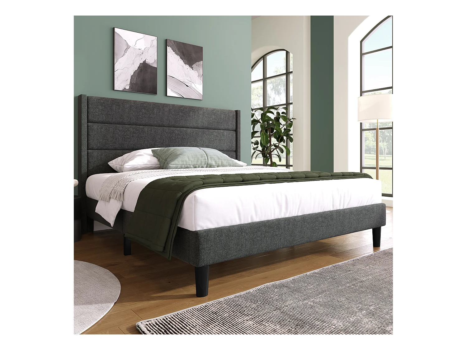 Lit rembourré 140 x 200 cm, cadre de lit avec sommier à lattes et tête de lit, tissu en lin gris foncé, design moderne intemporel