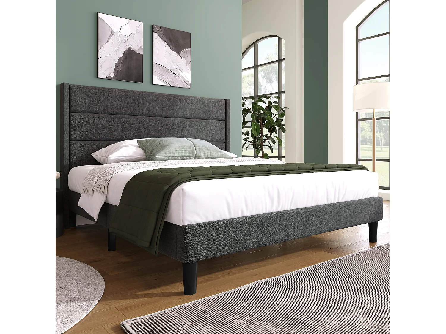 Lit rembourré 140 x 200 cm, cadre de lit avec sommier à lattes et tête de lit, tissu en lin gris foncé, design moderne intemporel