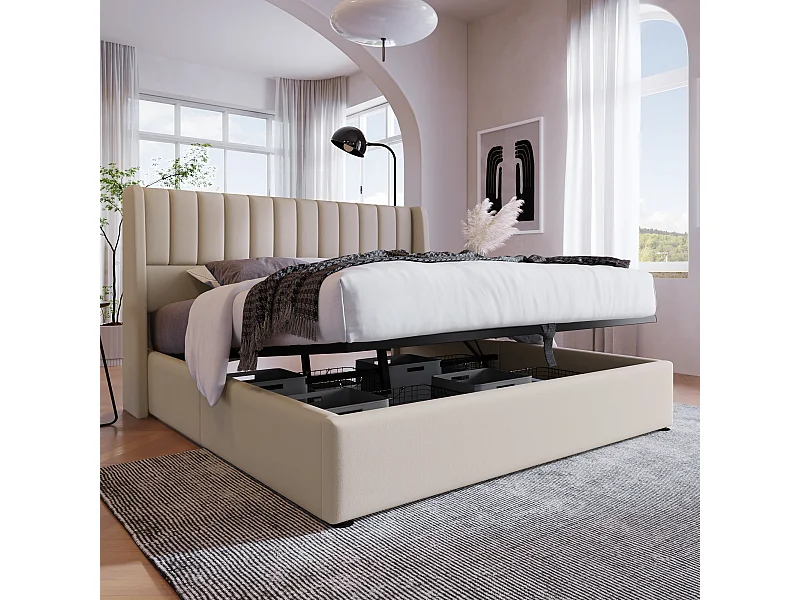 Lit coffre avec sommier hydraulique 160x200 cm, beige, design moderne avec tête de lit rembourrée et espace de rangement