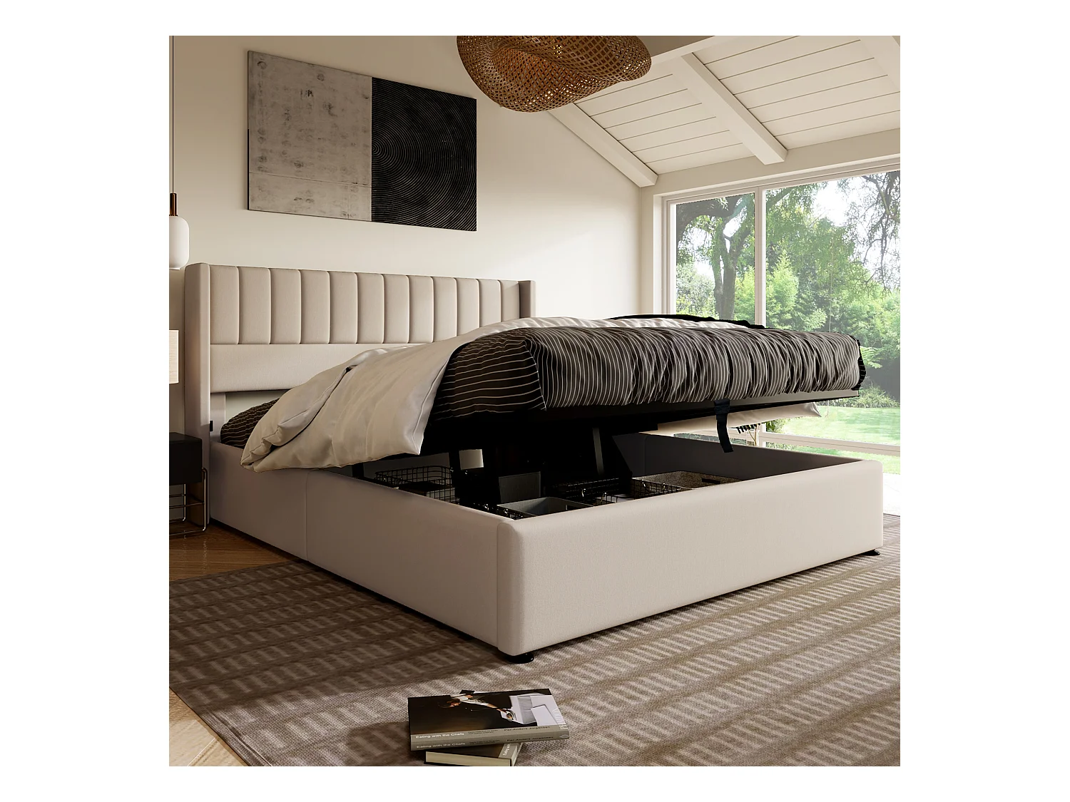 Lit coffre avec sommier hydraulique 160x200 cm, beige, design moderne avec tête de lit rembourrée et espace de rangement