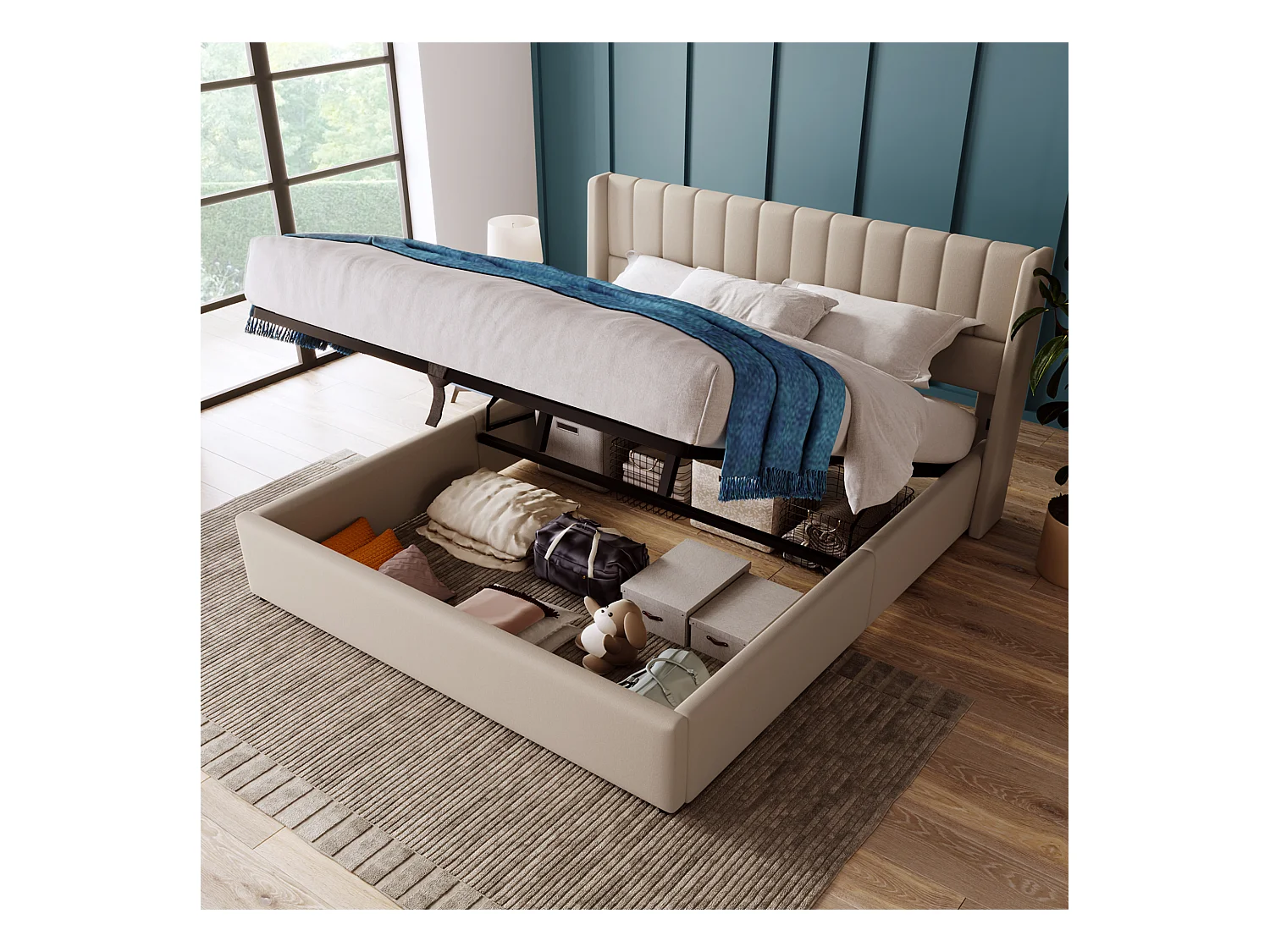 Lit coffre avec sommier hydraulique 160x200 cm, beige, design moderne avec tête de lit rembourrée et espace de rangement