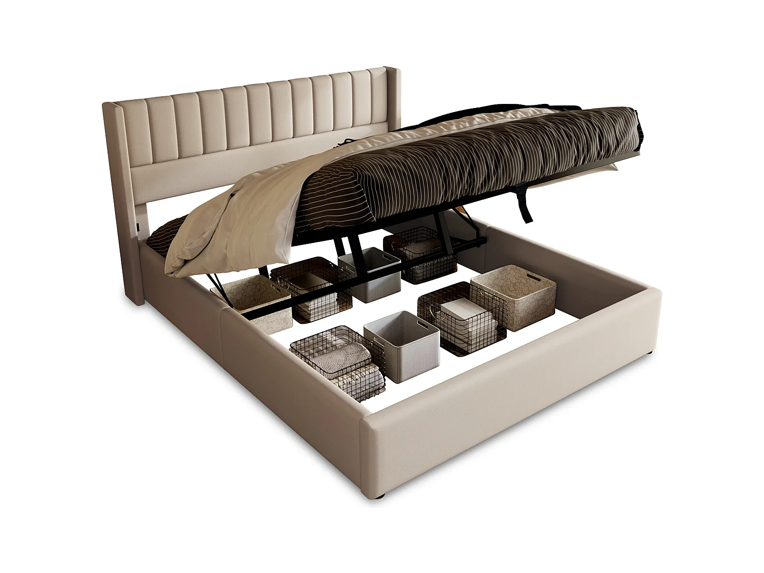 Lit coffre avec sommier hydraulique 160x200 cm, beige, design moderne avec tête de lit rembourrée et espace de rangement
