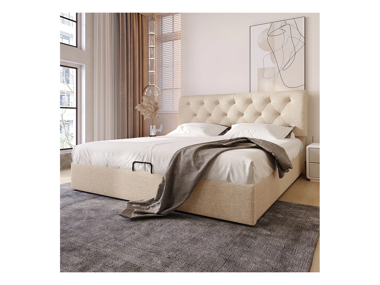 Lit double hydraulique 160x200 cm, tête de lit réglable, cadre en métal avec rangement, naturel