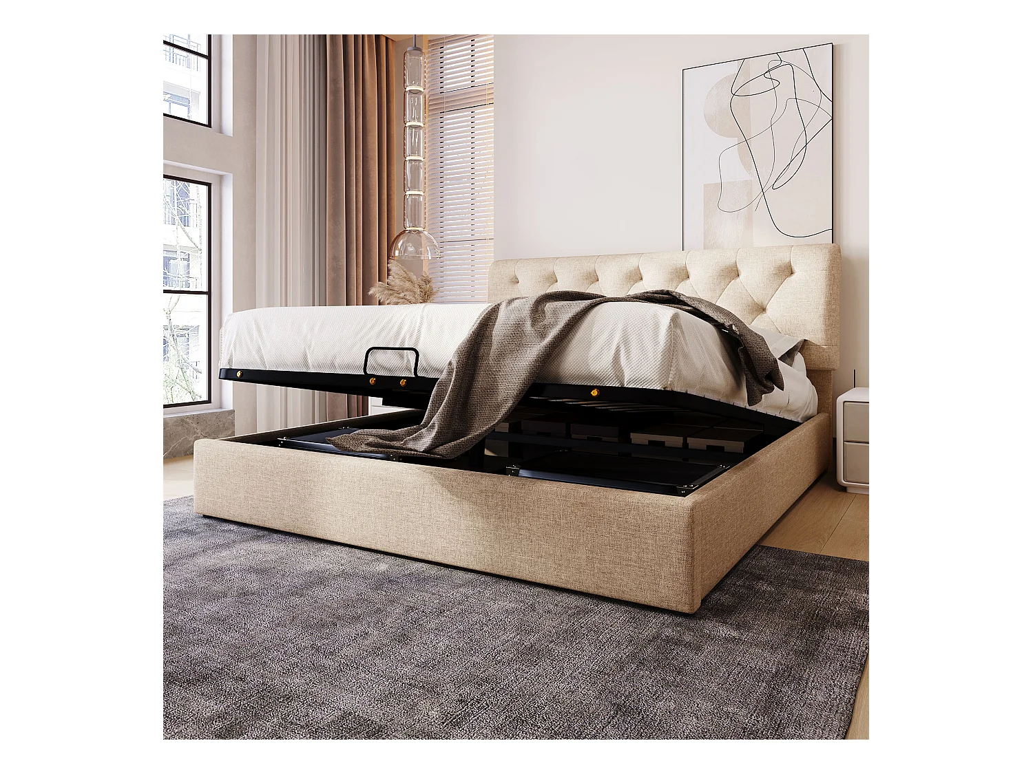 Lit double hydraulique 160x200 cm, tête de lit réglable, cadre en métal avec rangement, naturel