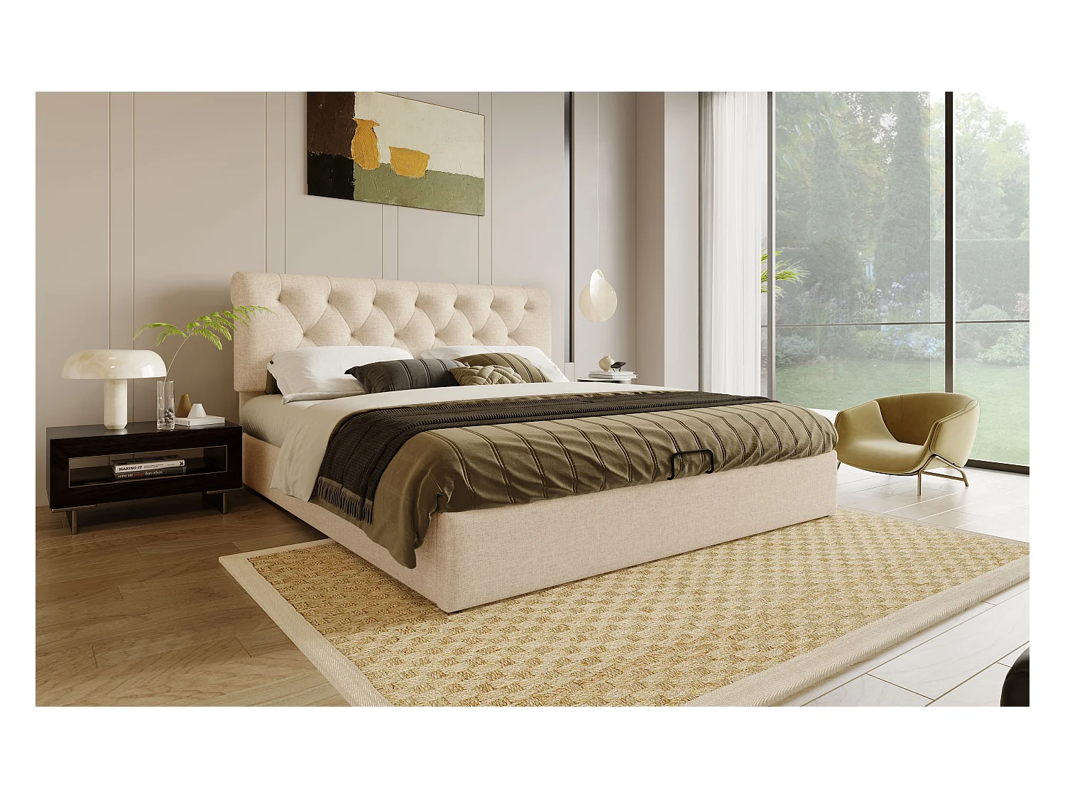 Lit double hydraulique 160x200 cm, tête de lit réglable, cadre en métal avec rangement, naturel