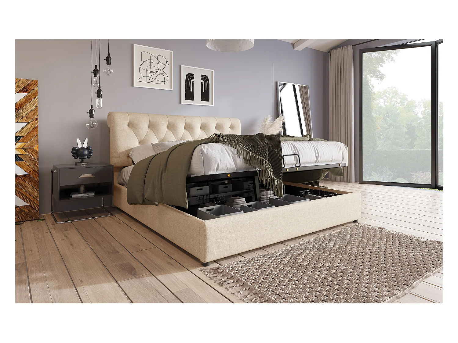 Lit double hydraulique 160x200 cm, tête de lit réglable, cadre en métal avec rangement, naturel