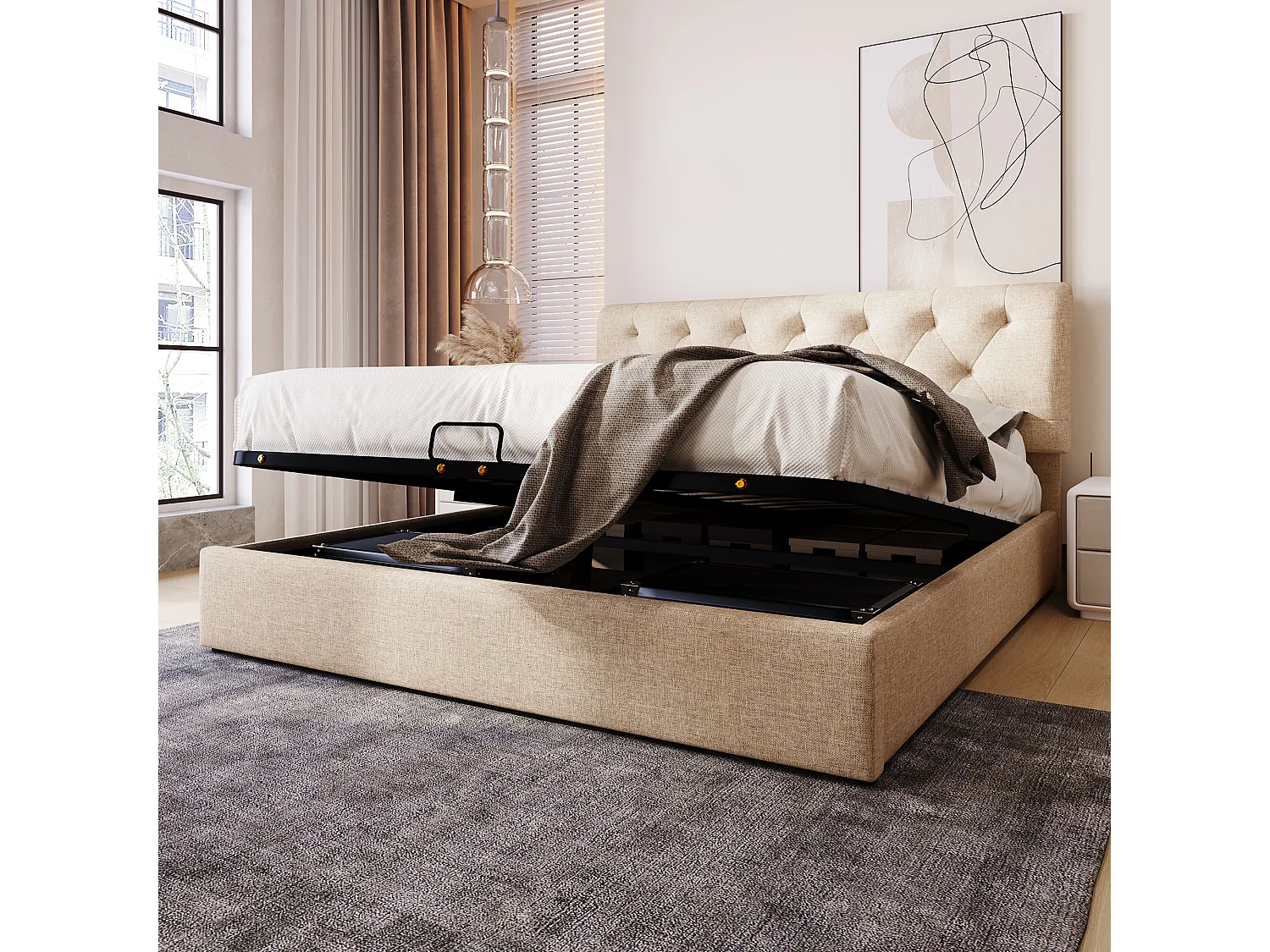 Lit double hydraulique 160x200 cm, tête de lit réglable, cadre en métal avec rangement, naturel