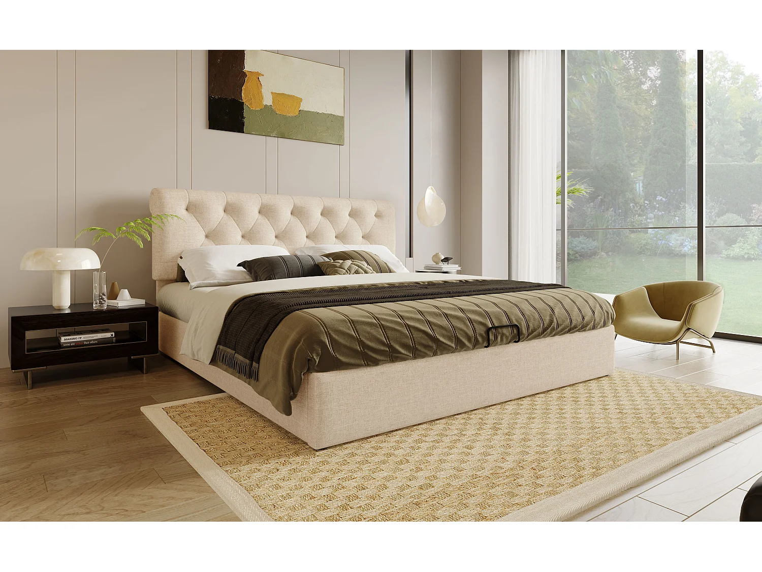 Lit double hydraulique 160x200 cm, tête de lit réglable, cadre en métal avec rangement, naturel