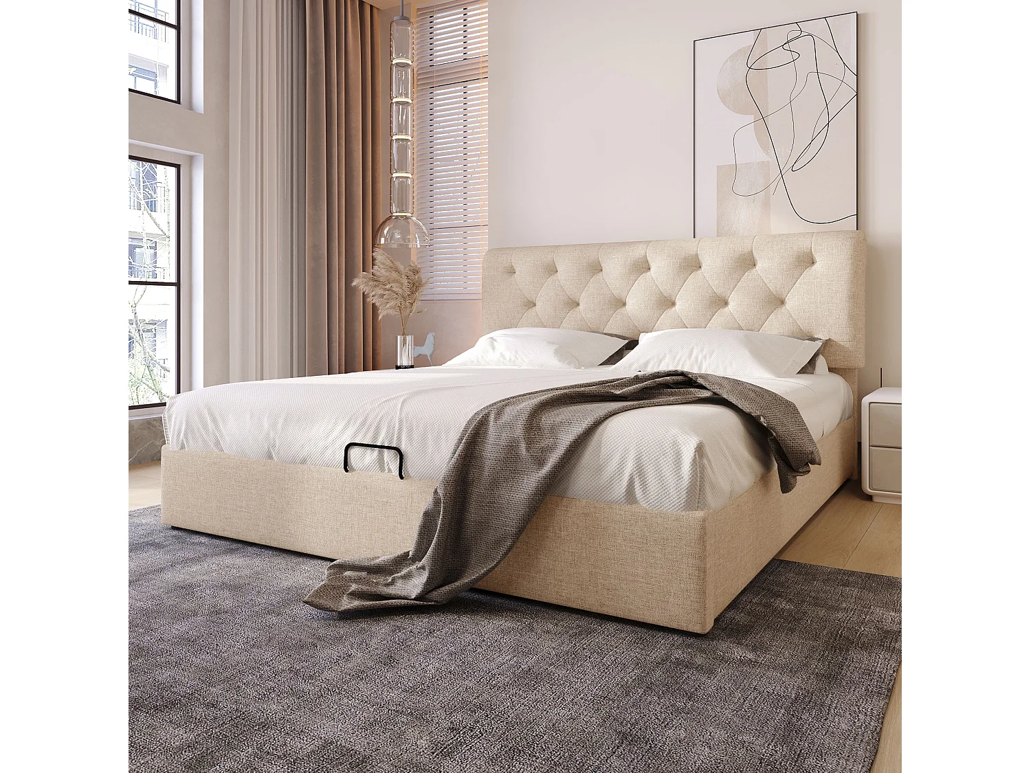 Lit double hydraulique 160x200 cm, tête de lit réglable, cadre en métal avec rangement, naturel