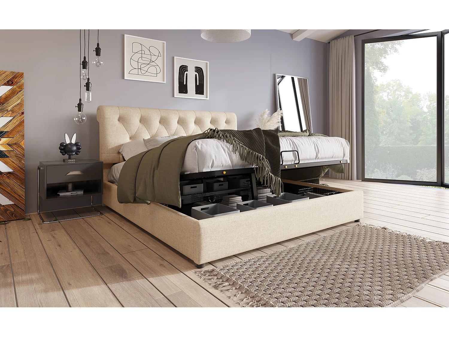 Lit double hydraulique 160x200 cm, tête de lit réglable, cadre en métal avec rangement, naturel