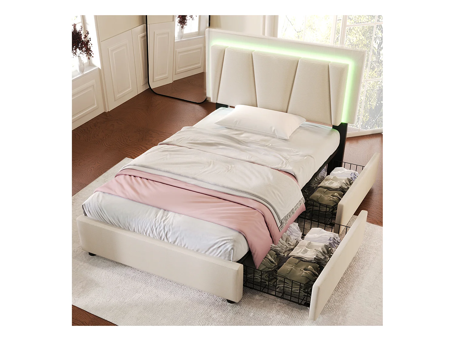 Lit simple 90x200 cm en beige avec éclairage LED, tête de lit réglable et 2 tiroirs de rangement