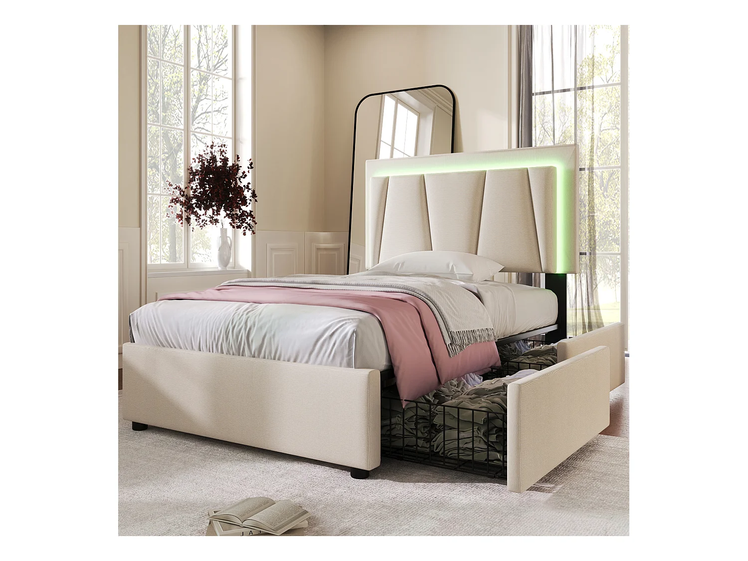 Lit simple 90x200 cm en beige avec éclairage LED, tête de lit réglable et 2 tiroirs de rangement