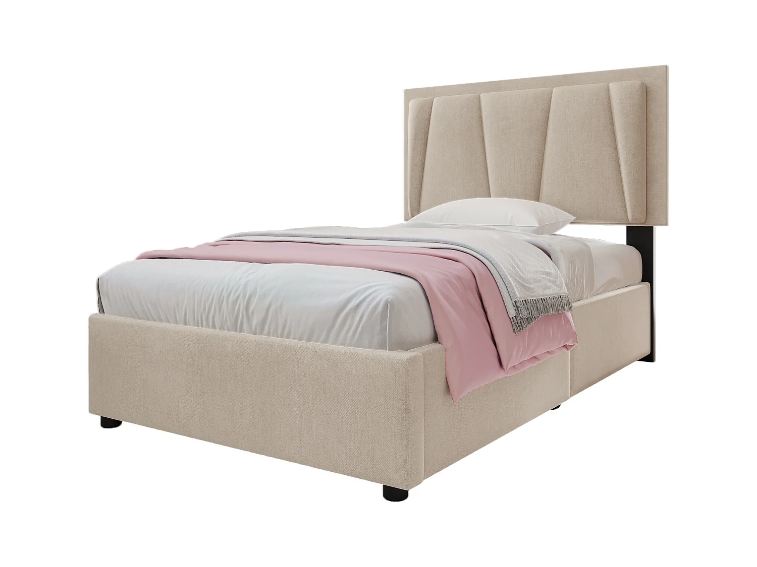 Lit simple 90x200 cm en beige avec éclairage LED, tête de lit réglable et 2 tiroirs de rangement