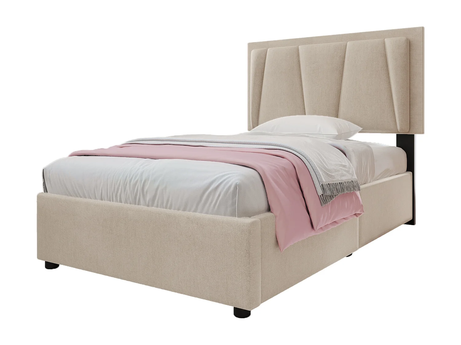 Lit simple 90x200 cm en beige avec éclairage LED, tête de lit réglable et 2 tiroirs de rangement