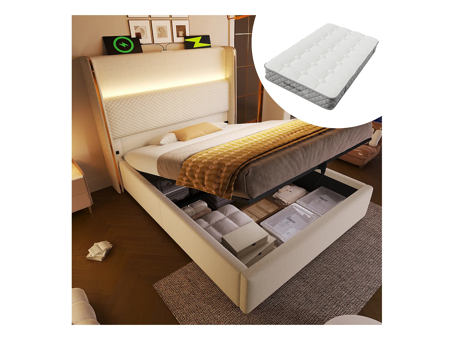 Lit coffre hydraulique avec tête de lit + Leds et ports USB/Type-C - 90 x 200 cm - lin - beige(avec matelas)
