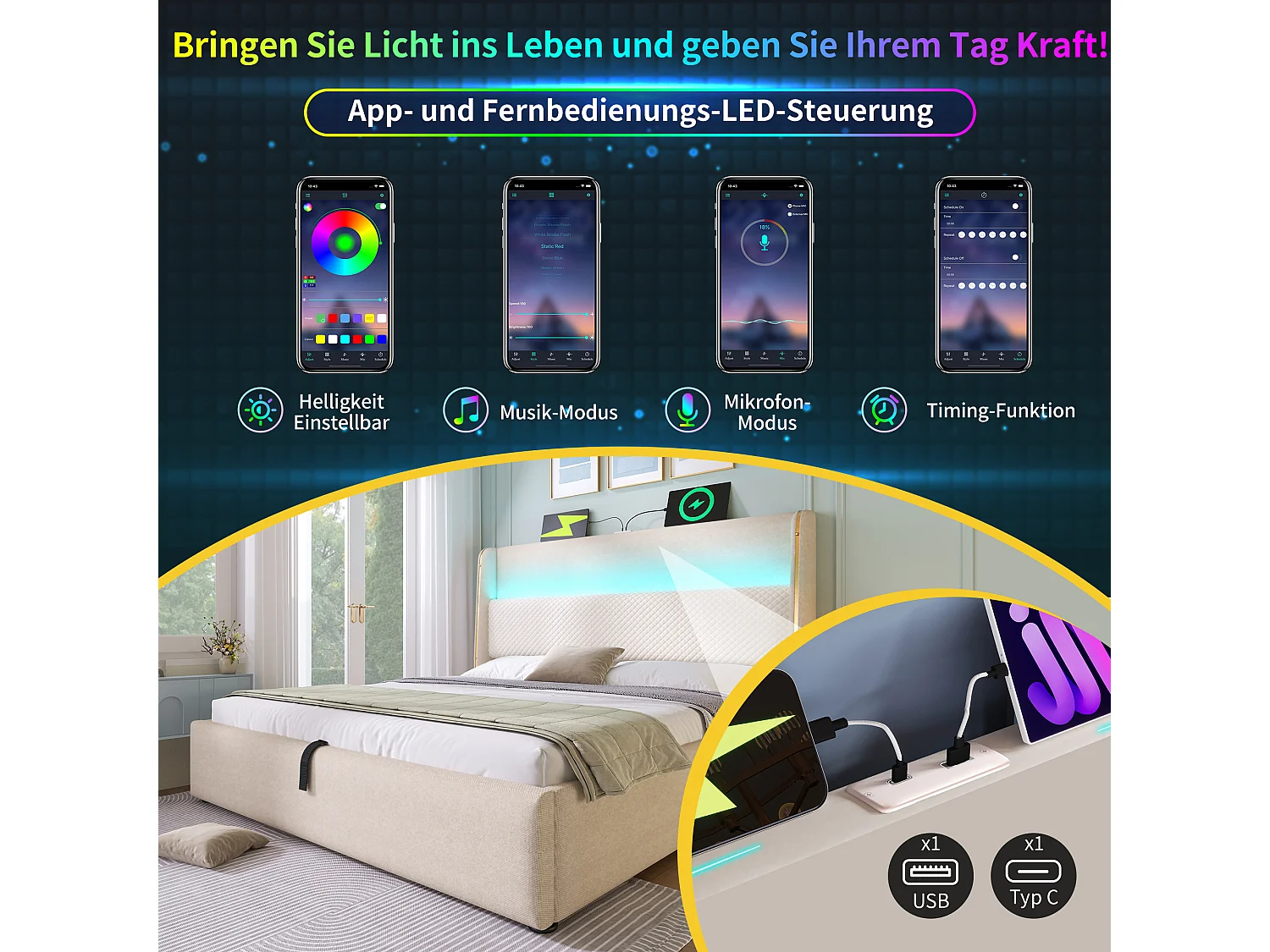 Łóżko hydrauliczne ze schowkiem i zagłówkiem + diody LED i porty USB/Type-C - 90 x 200 cm - len - beżowe (z materacem)