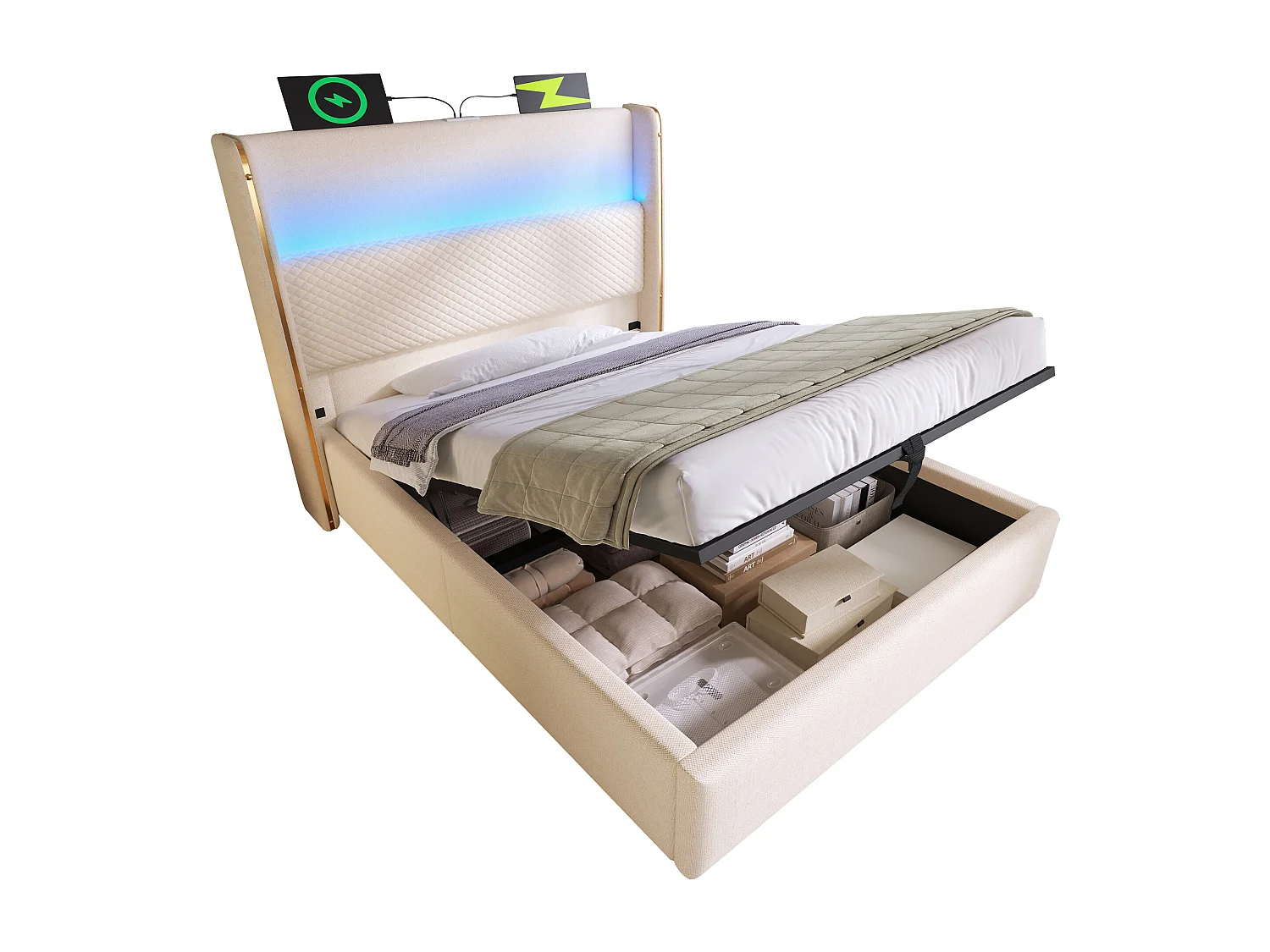 Łóżko hydrauliczne ze schowkiem i zagłówkiem + diody LED i porty USB/Type-C - 90 x 200 cm - len - beżowe (z materacem)