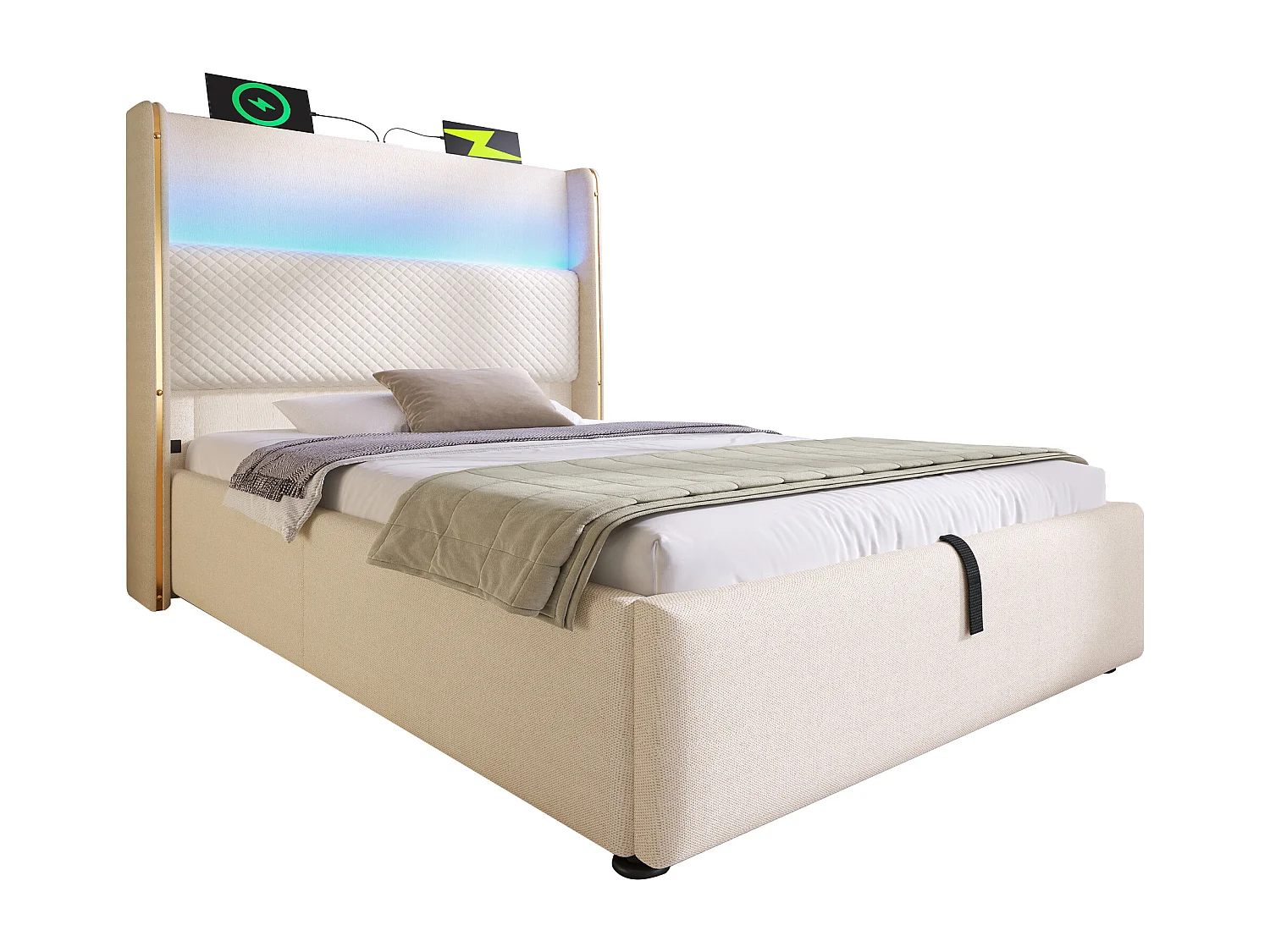 Łóżko hydrauliczne ze schowkiem i zagłówkiem + diody LED i porty USB/Type-C - 90 x 200 cm - len - beżowe (z materacem)