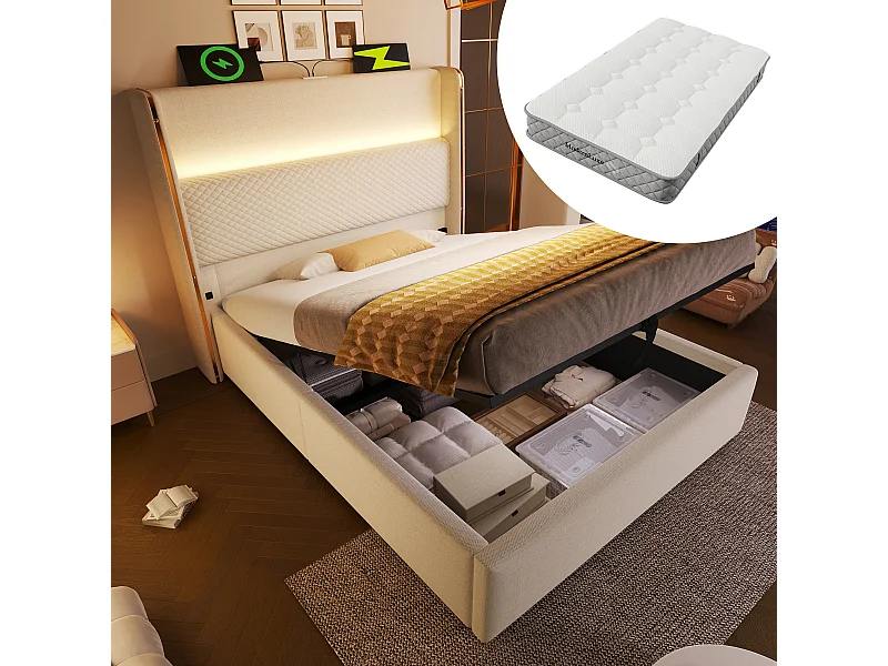 Łóżko hydrauliczne ze schowkiem i zagłówkiem + diody LED i porty USB/Type-C - 90 x 200 cm - len - beżowe (z materacem)