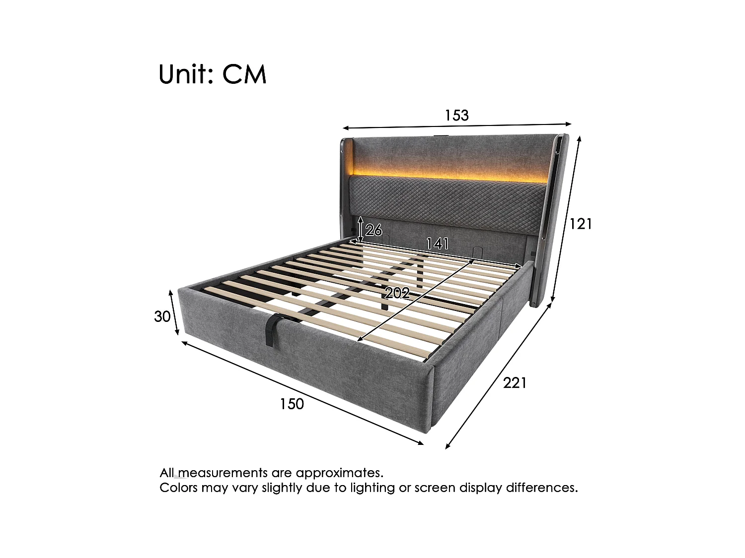Cama de armazenamento hidráulica com cabeceira + LEDs e portas USB/Tipo C - 140 x 200 cm - linho - cinza