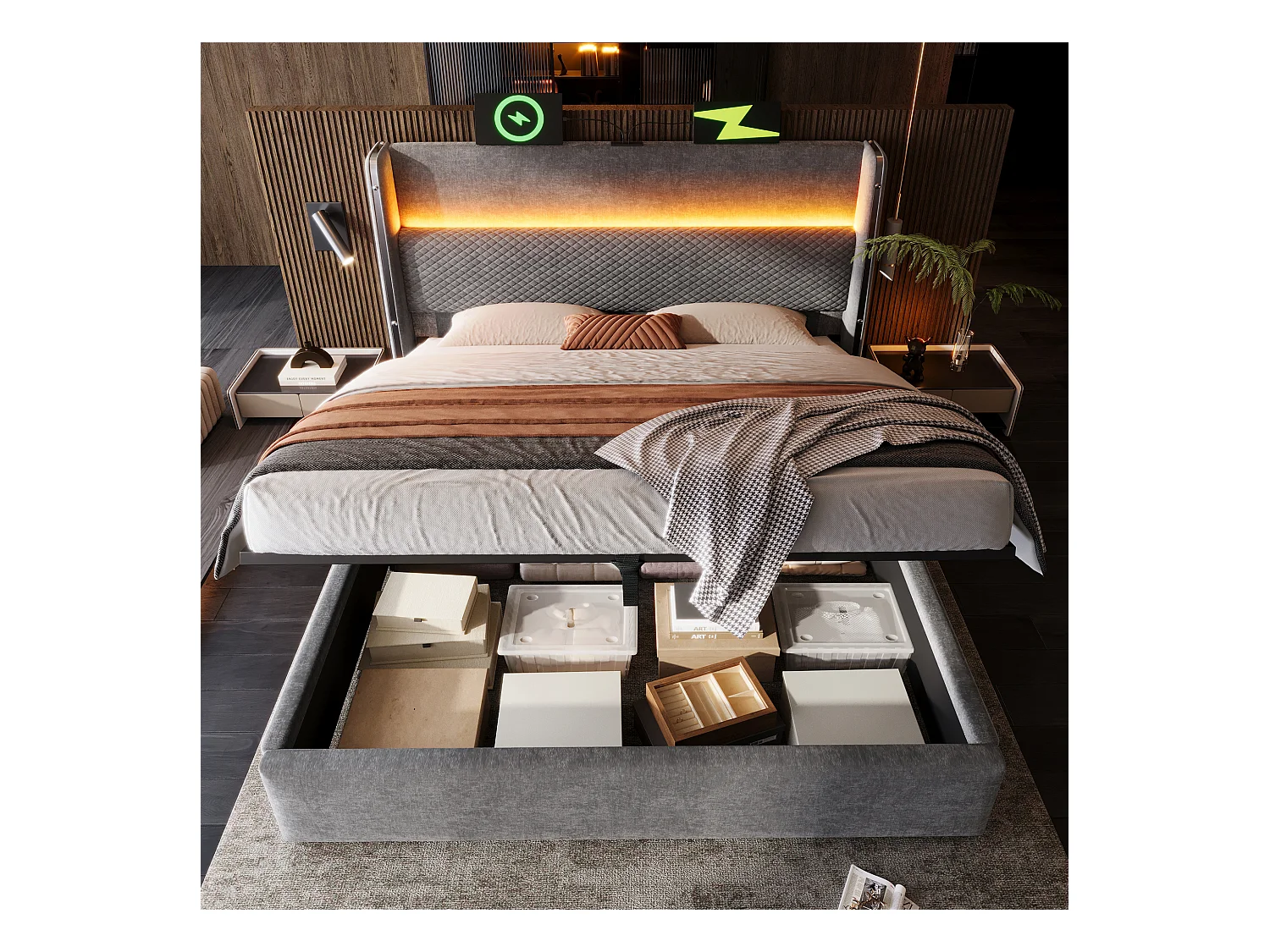 Cama de armazenamento hidráulica com cabeceira + LEDs e portas USB/Tipo C - 140 x 200 cm - linho - cinza