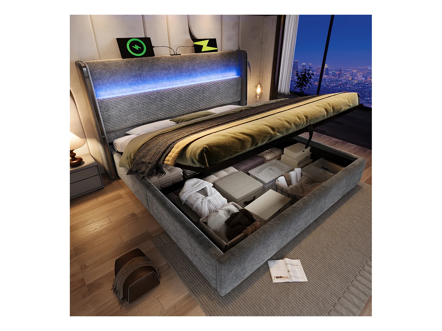 Cama de armazenamento hidráulica com cabeceira + LEDs e portas USB/Tipo C - 140 x 200 cm - linho - cinza