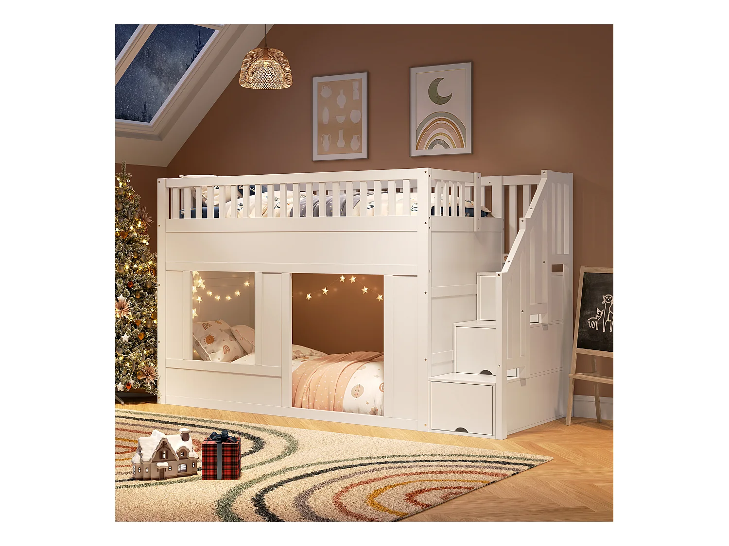 Lit superposés pour enfant - 2 x 90 x 200 cm - avec escalier de rangement - sans matelas - bois - blanc