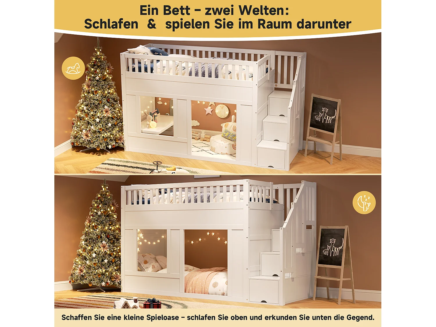 Kinderstapelbed - 2 x 90 x 200 cm - met opbergtrap - zonder matras - hout - wit