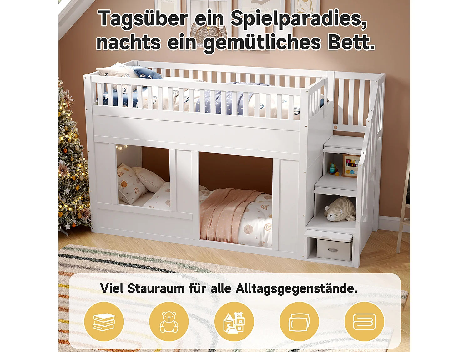 Kinderstapelbed - 2 x 90 x 200 cm - met opbergtrap - zonder matras - hout - wit