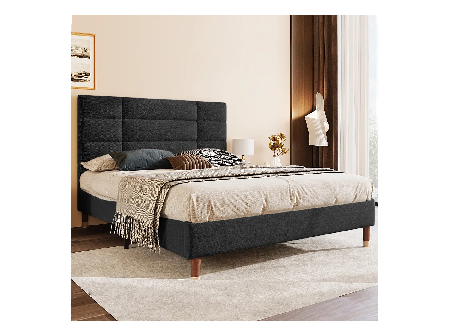 Lit double 140x200 cm en lin noir avec tête de lit, échelle et barrières de sécurité