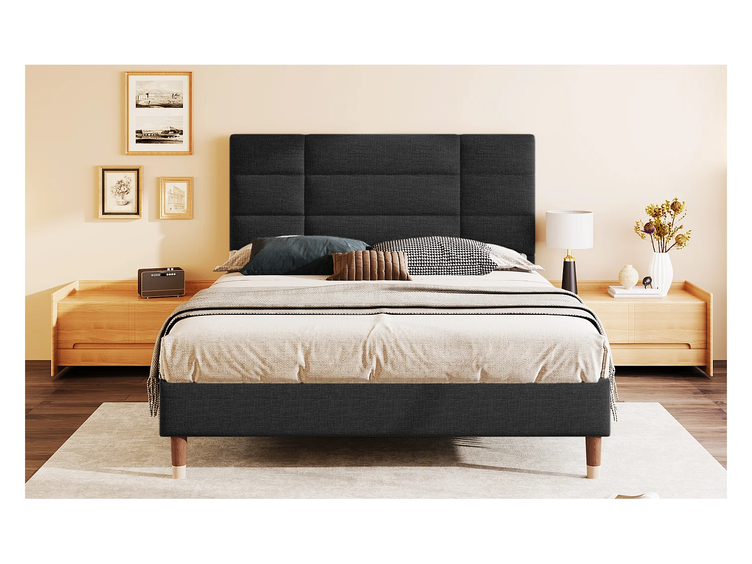 Lit double 140x200 cm en lin noir avec tête de lit, échelle et barrières de sécurité