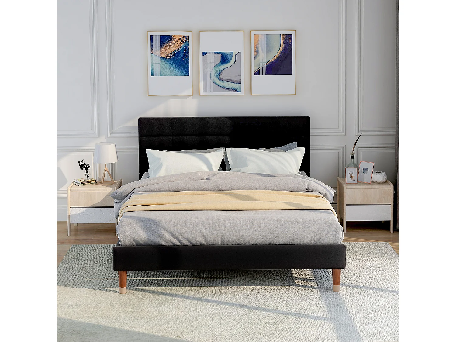 Lit double 140x200 cm en lin noir avec tête de lit, échelle et barrières de sécurité