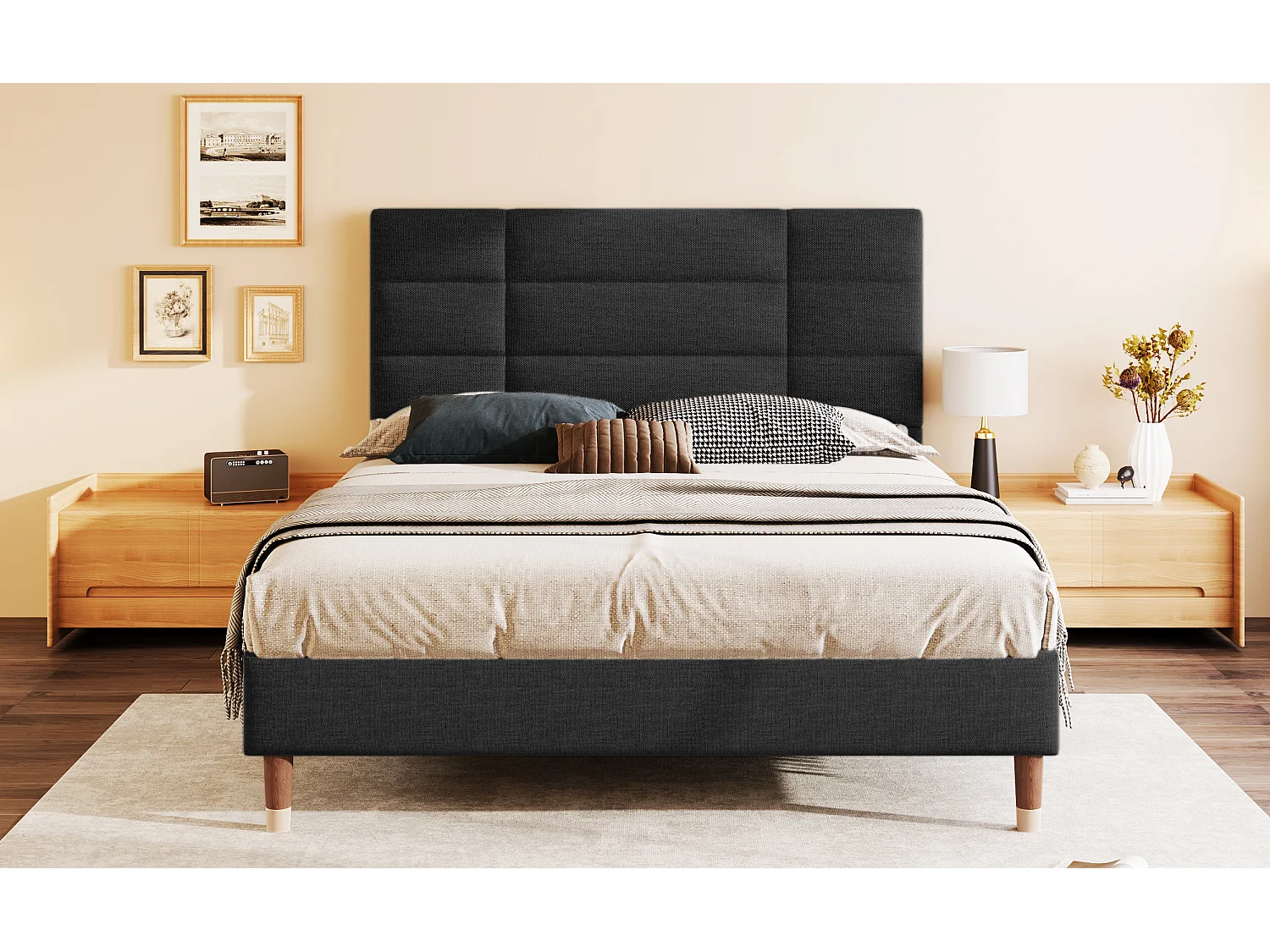 Lit double 140x200 cm en lin noir avec tête de lit, échelle et barrières de sécurité