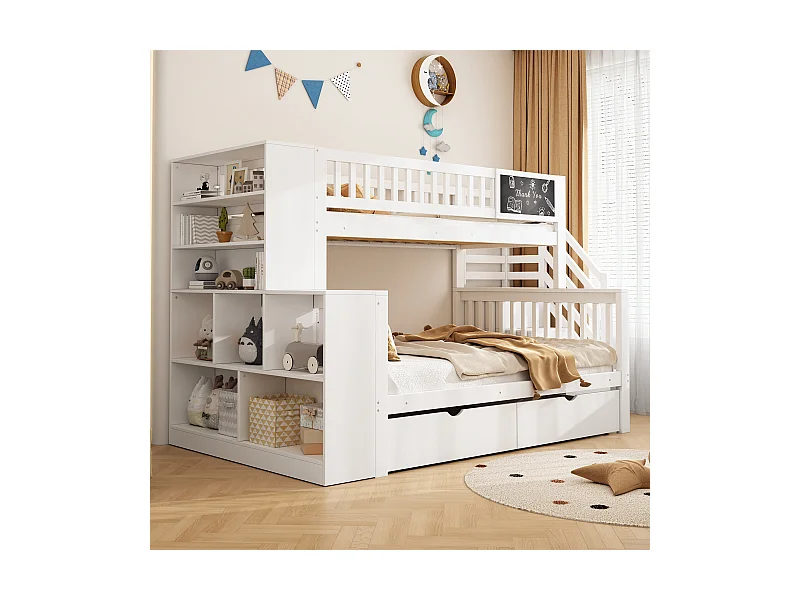 Etagenbetten 140 x 200 cm + 90 x 200 cm - 2 Schubladen + Aufbewahrungsschränke und Graffiti-Paneel - Massivholz - Weiß