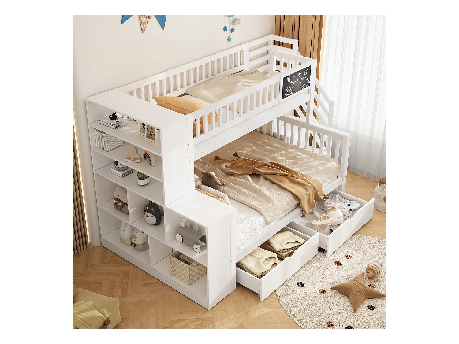 Etagenbetten 140 x 200 cm + 90 x 200 cm - 2 Schubladen + Aufbewahrungsschränke und Graffiti-Paneel - Massivholz - Weiß