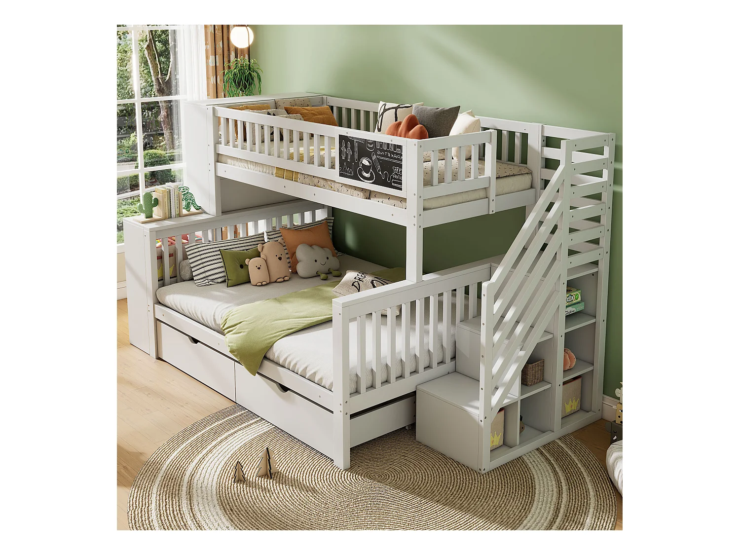 Etagenbetten 140 x 200 cm + 90 x 200 cm - 2 Schubladen + Aufbewahrungsschränke und Graffiti-Paneel - Massivholz - Weiß