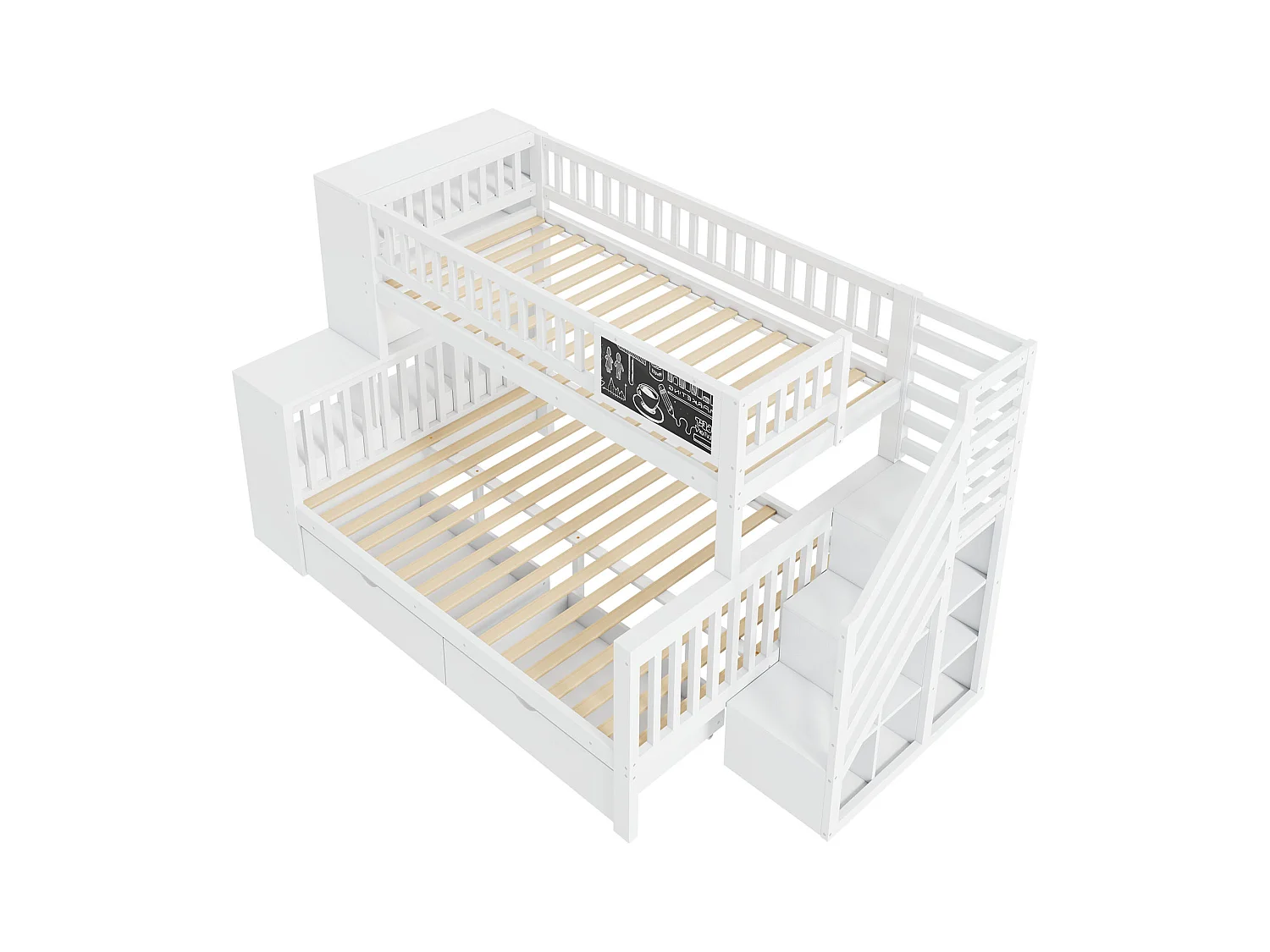 Etagenbetten 140 x 200 cm + 90 x 200 cm - 2 Schubladen + Aufbewahrungsschränke und Graffiti-Paneel - Massivholz - Weiß