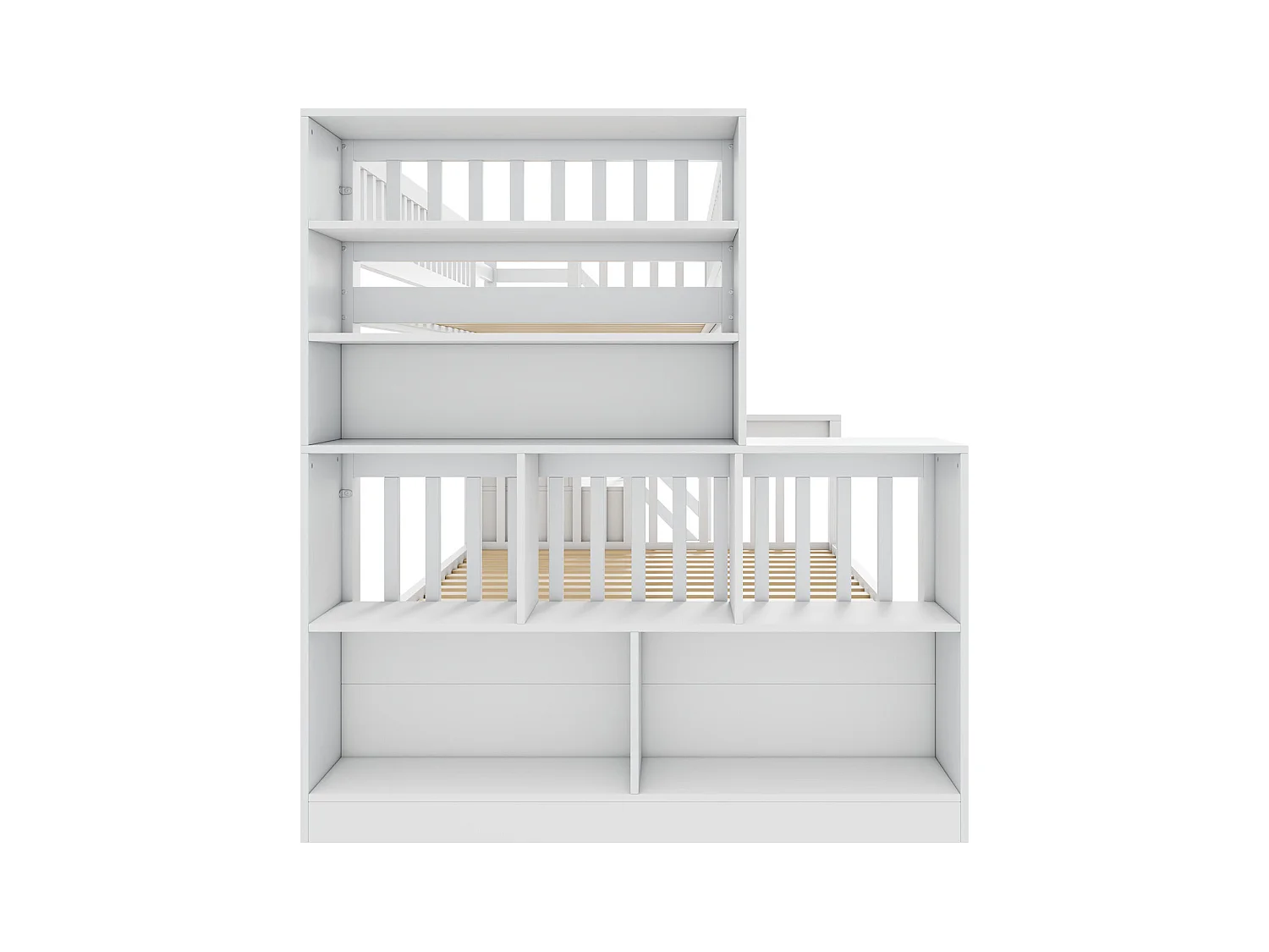 Etagenbetten 140 x 200 cm + 90 x 200 cm - 2 Schubladen + Aufbewahrungsschränke und Graffiti-Paneel - Massivholz - Weiß