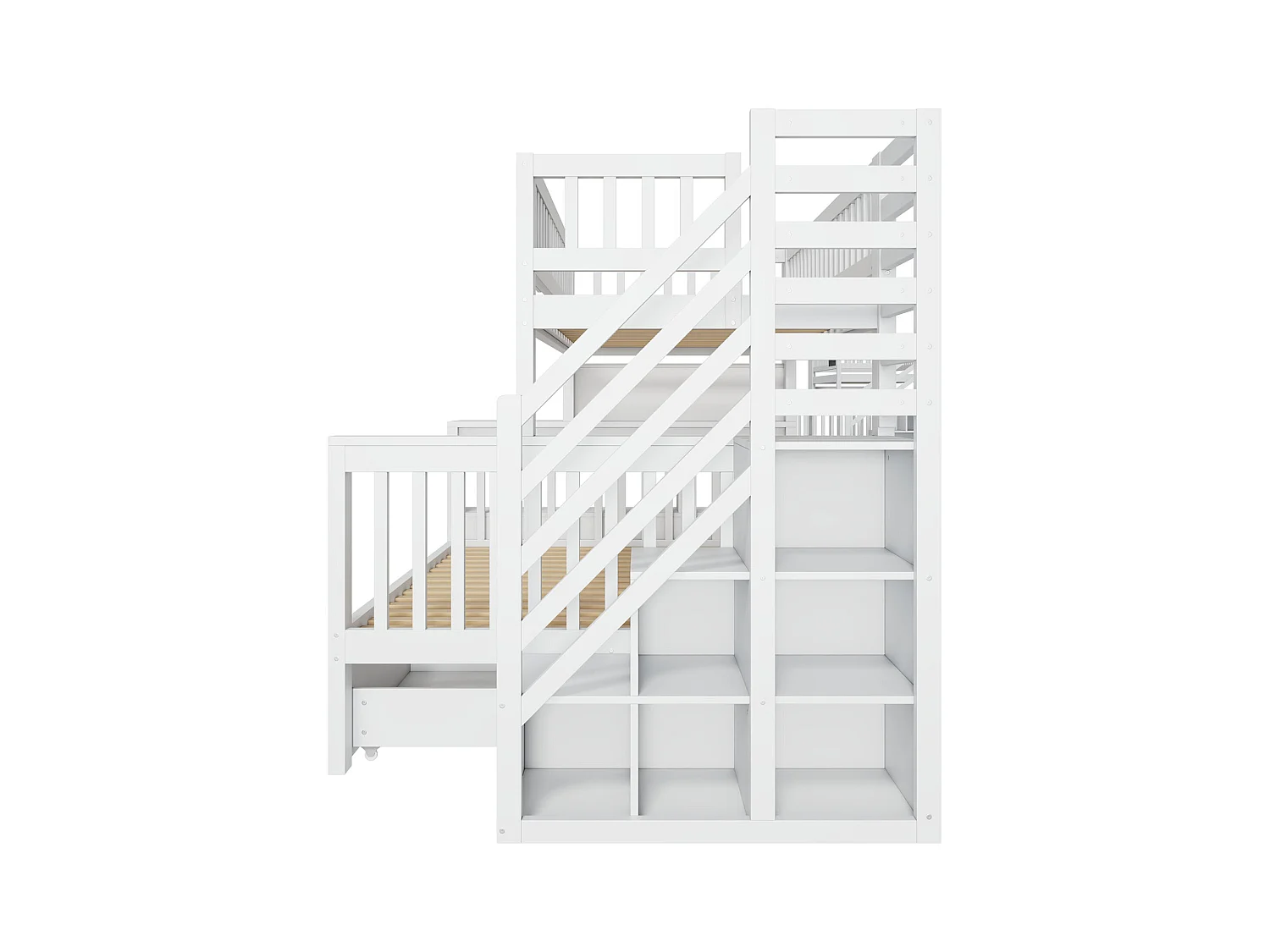 Etagenbetten 140 x 200 cm + 90 x 200 cm - 2 Schubladen + Aufbewahrungsschränke und Graffiti-Paneel - Massivholz - Weiß