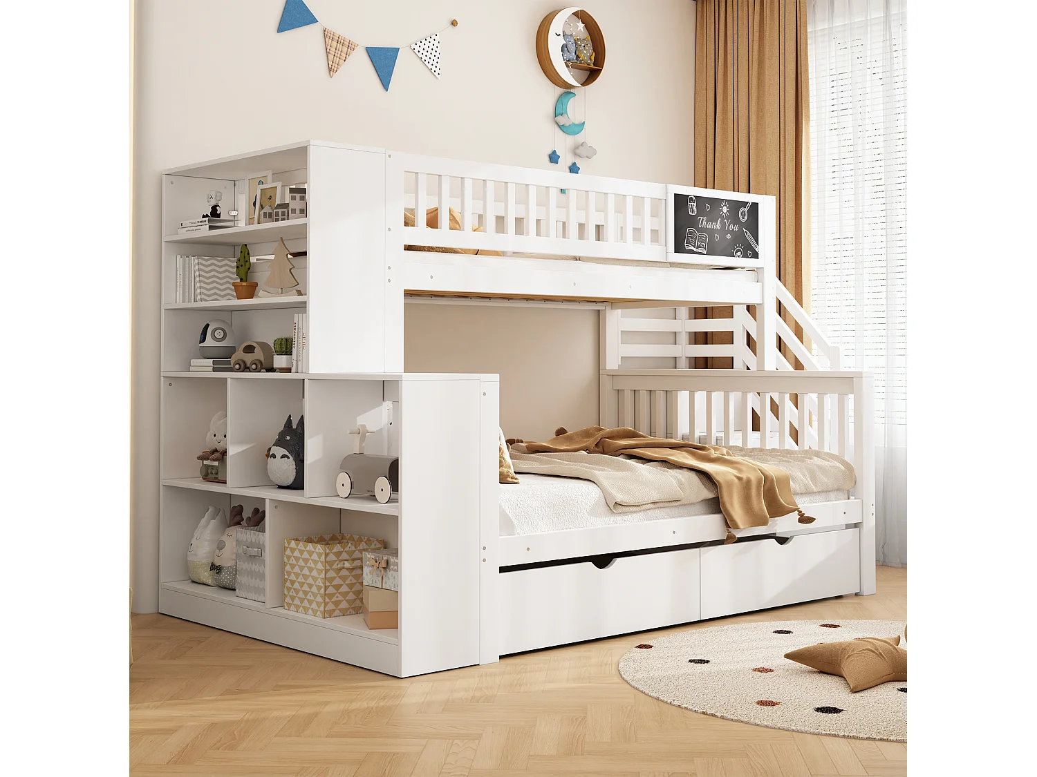 Letti a castello 140 x 200 cm + 90 x 200 cm - 2 cassetti + mobili contenitori e pannello graffiti - Legno massello - Bianco