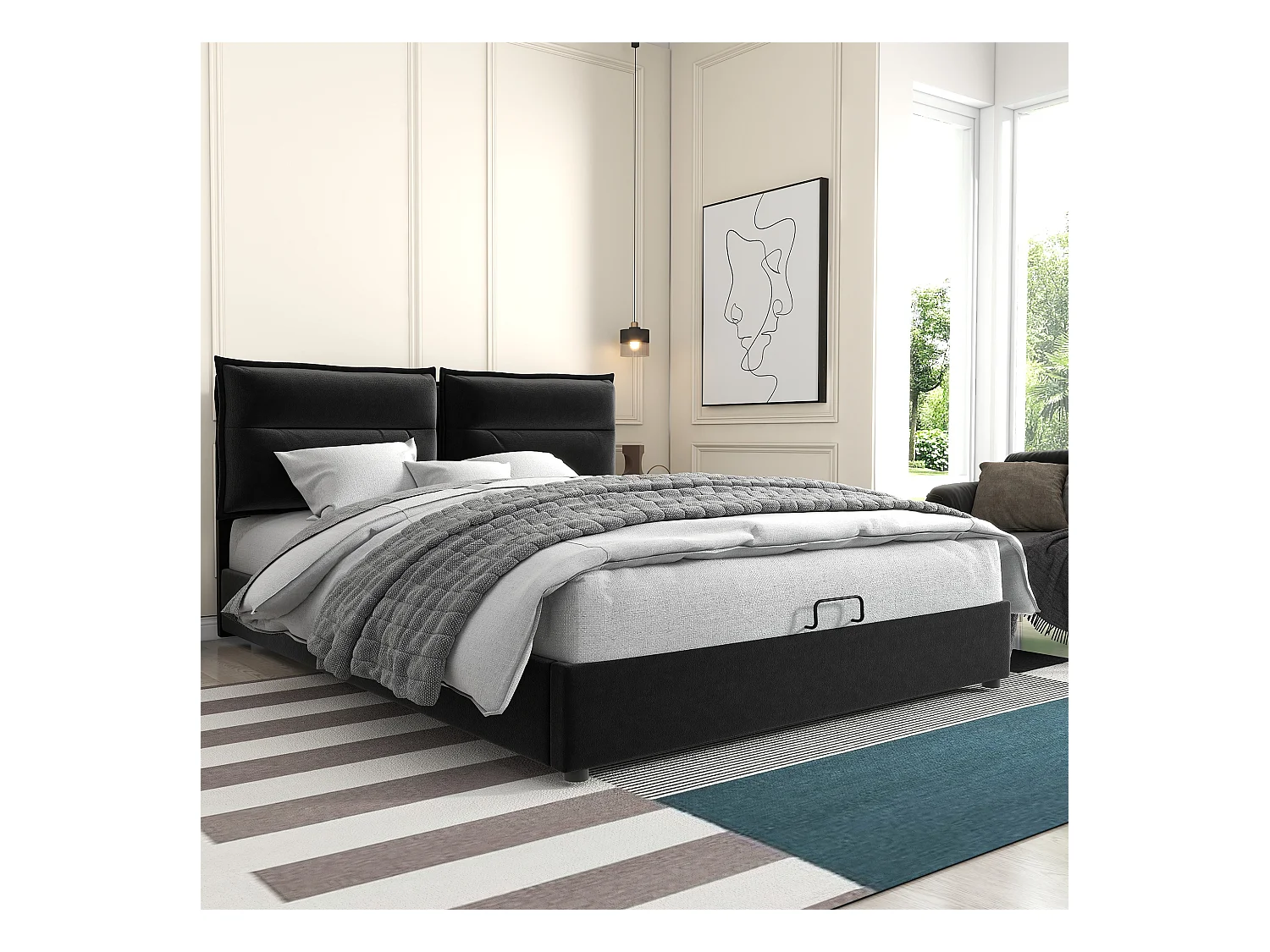 Lit double hydraulique 140x200 cm, tête de lit réglable, cadre en velours noir avec rangement