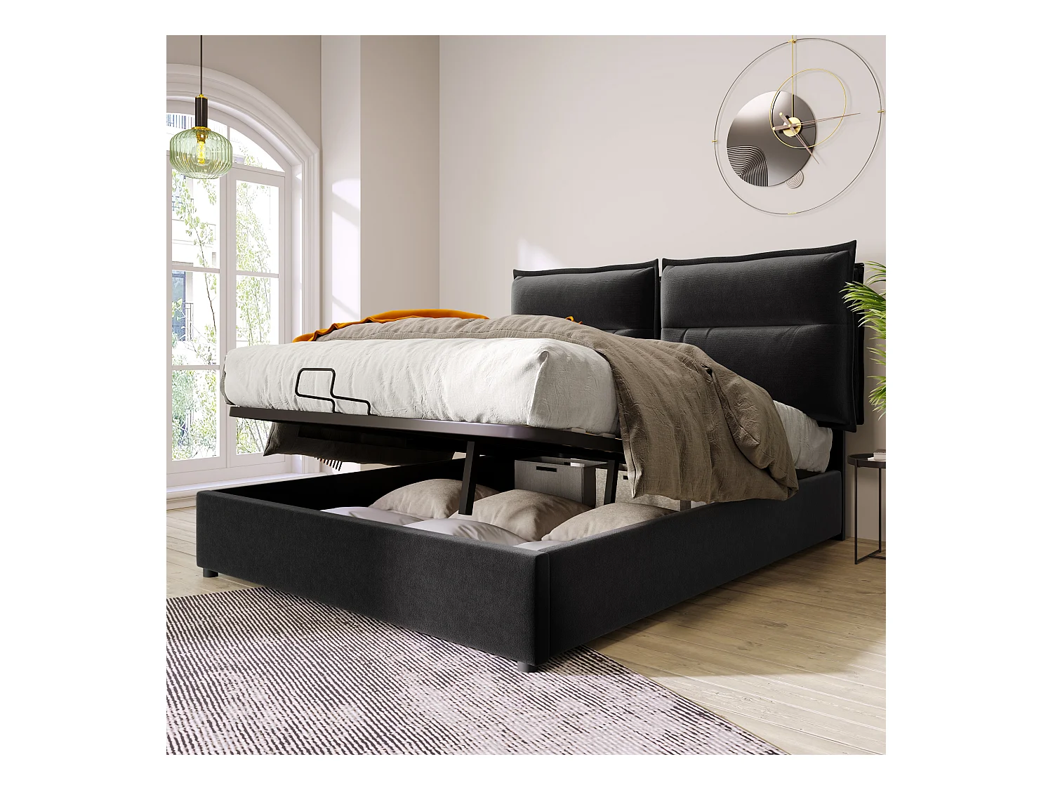 Lit double hydraulique 140x200 cm, tête de lit réglable, cadre en velours noir avec rangement
