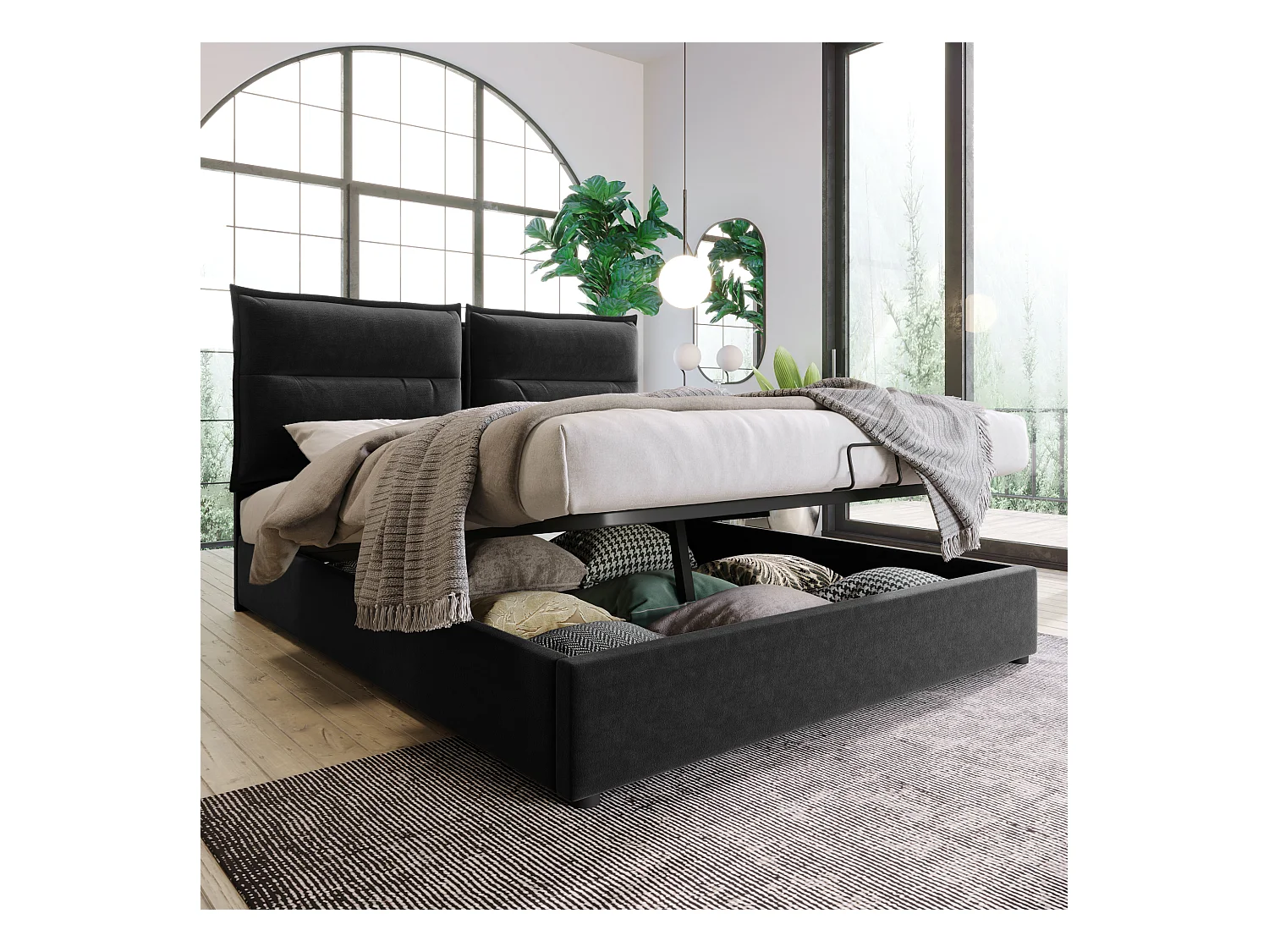 Lit double hydraulique 140x200 cm, tête de lit réglable, cadre en velours noir avec rangement