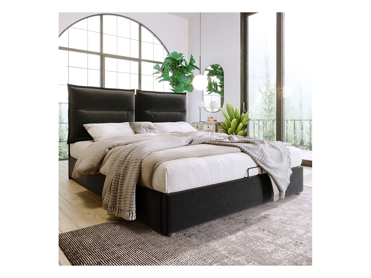 Lit double hydraulique 140x200 cm, tête de lit réglable, cadre en velours noir avec rangement